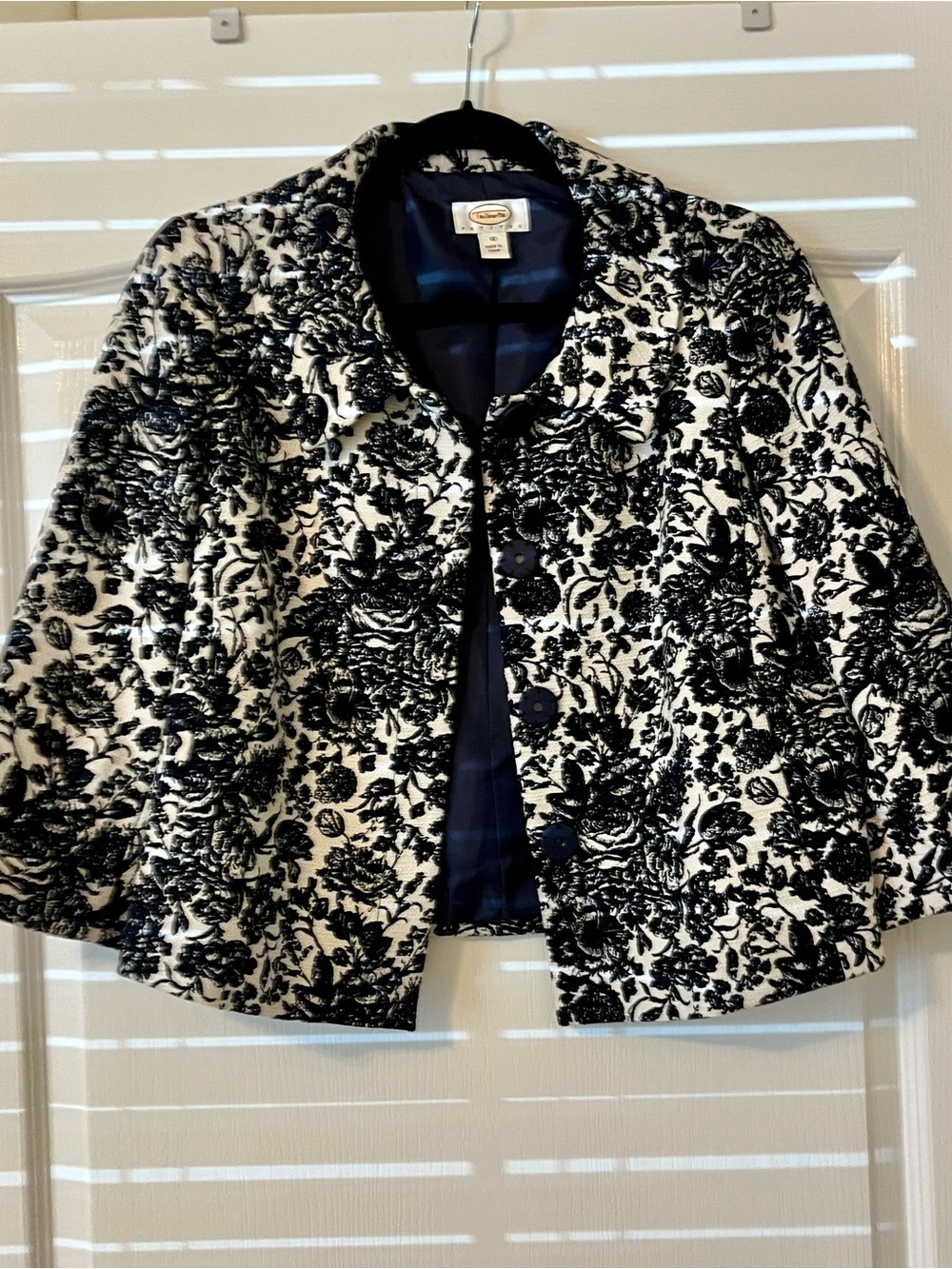Talbots Retro Style Navy Blue Floral Jacquard/Toile Cotton Blazer Jacket Size 12
